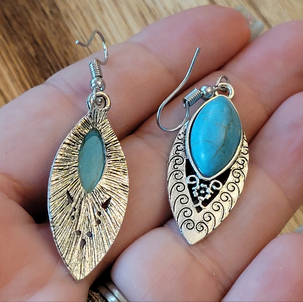Etched Marquis Turquoise Howlite Dangle Earrings - Picture 4 of 4